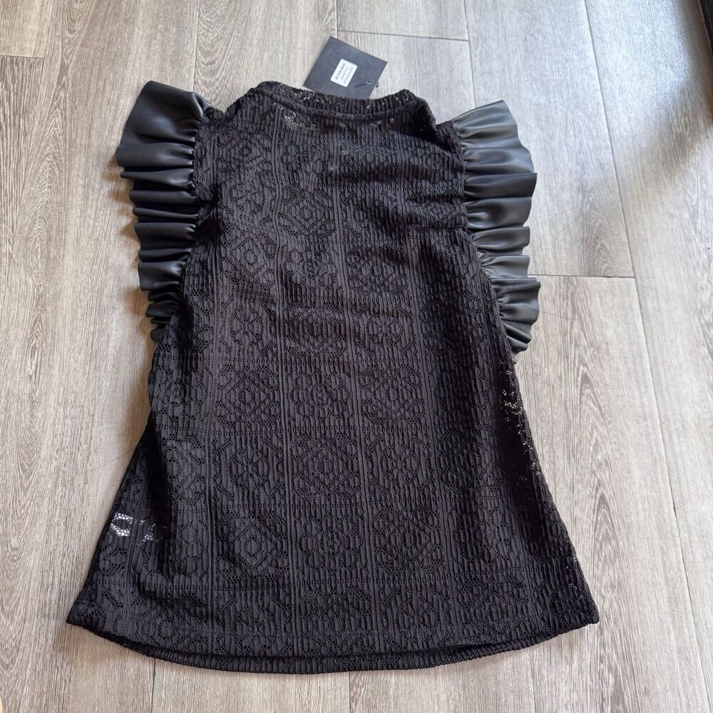 NWT Marc NY Black Lace Top Women Sz S Stretch Faux Leather Ruffle Whimsygoth - Picture 2 of 12